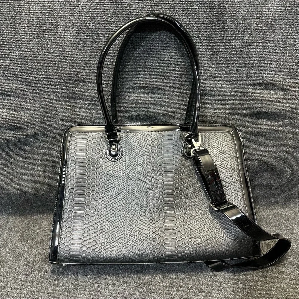 MY BEST FRIEND IS A BAG Black Patent Faux Snakeskin Laptop Computer Tote Satchel